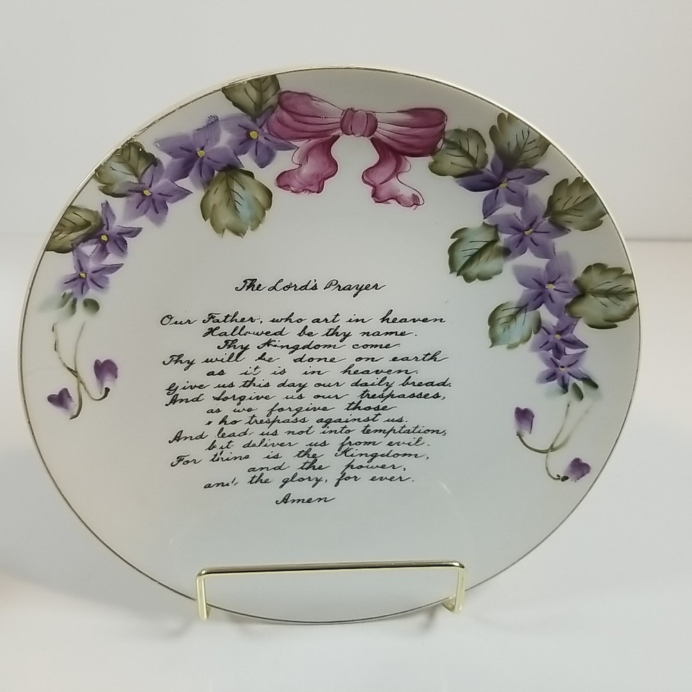 8" The Lords Prayer Plate Vintage Japan Floral Bow Hanging